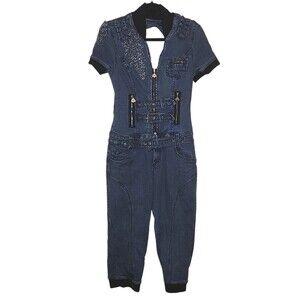 House Of Dereon Denim Capri Romper sz L Jumpsuit Y2K Jeans Denim One Pie…